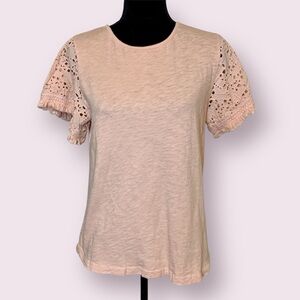 Anthropologie Pepin Tee Shirt With Eyelet Fringe Short Sleeves Pink Size Medium